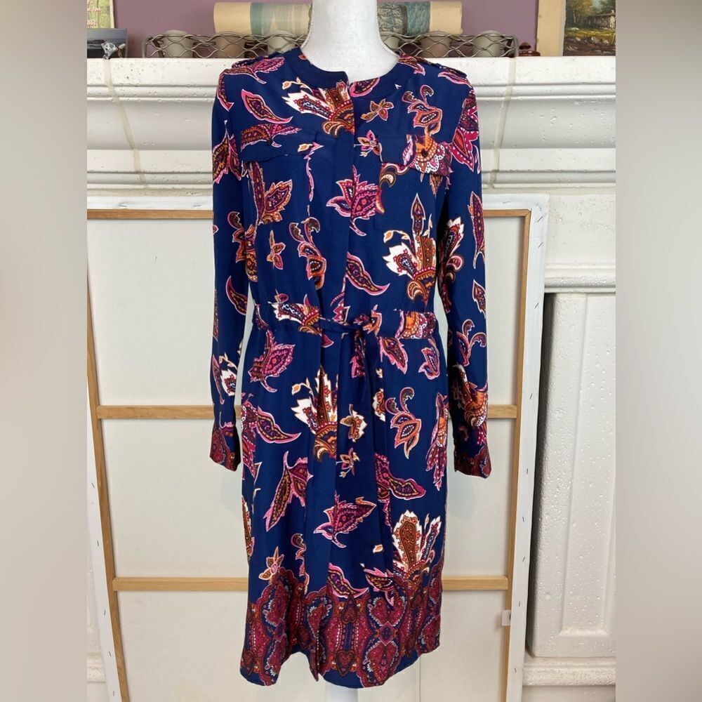 Liz Claiborne NWOT bright print shirt dress w/drawstring belt runs big like M